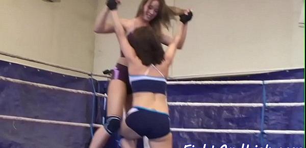  Wrestling lesbians dildofucking in a ring